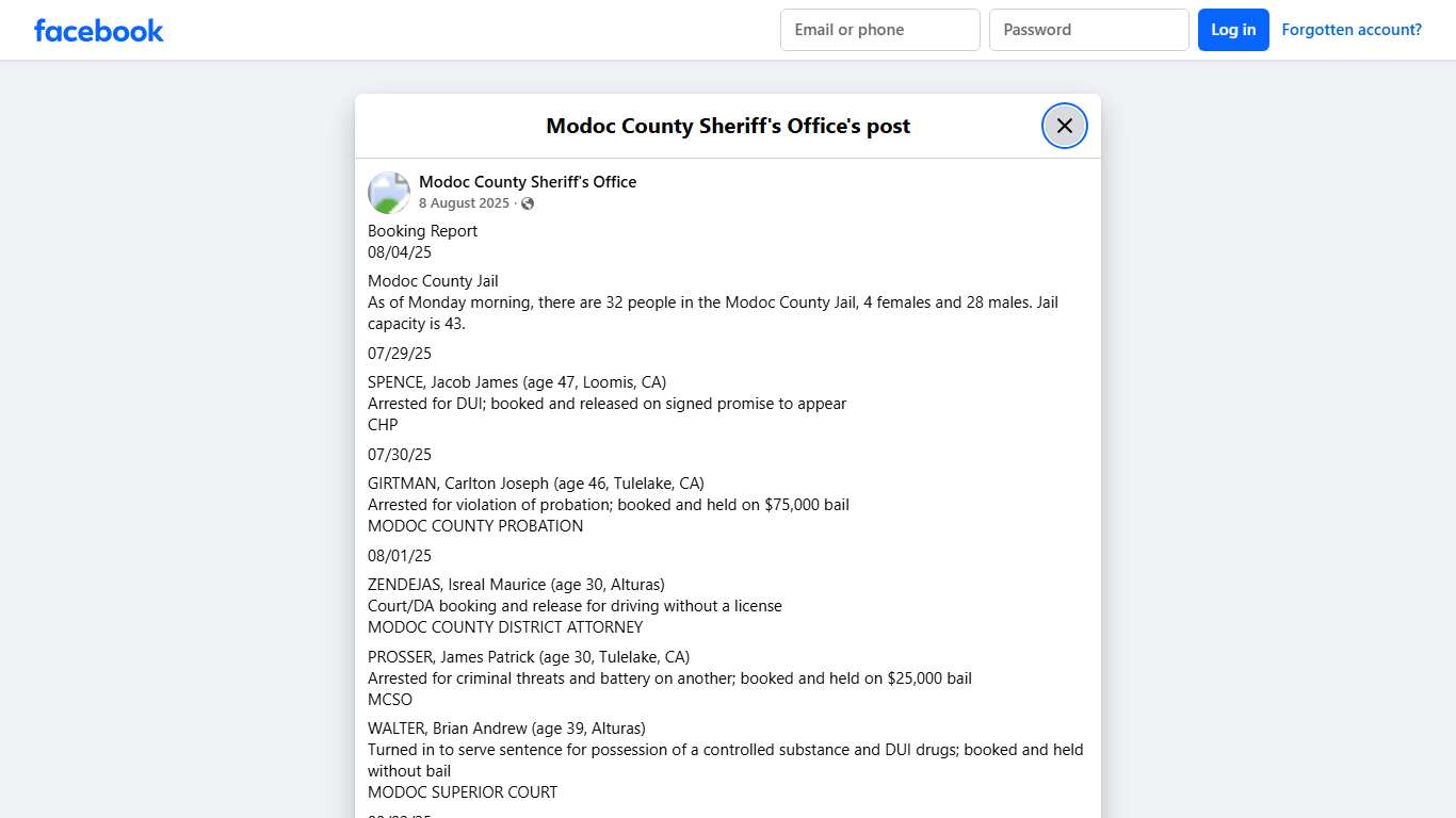 Booking Report 08/04/25... - Modoc County Sheriff's Office Facebook