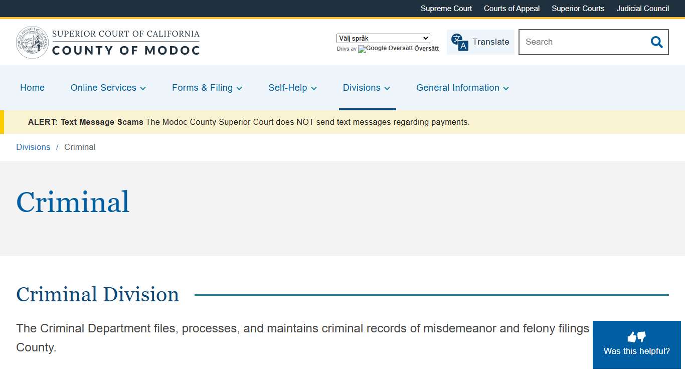 Criminal Superior Court of California County of Modoc